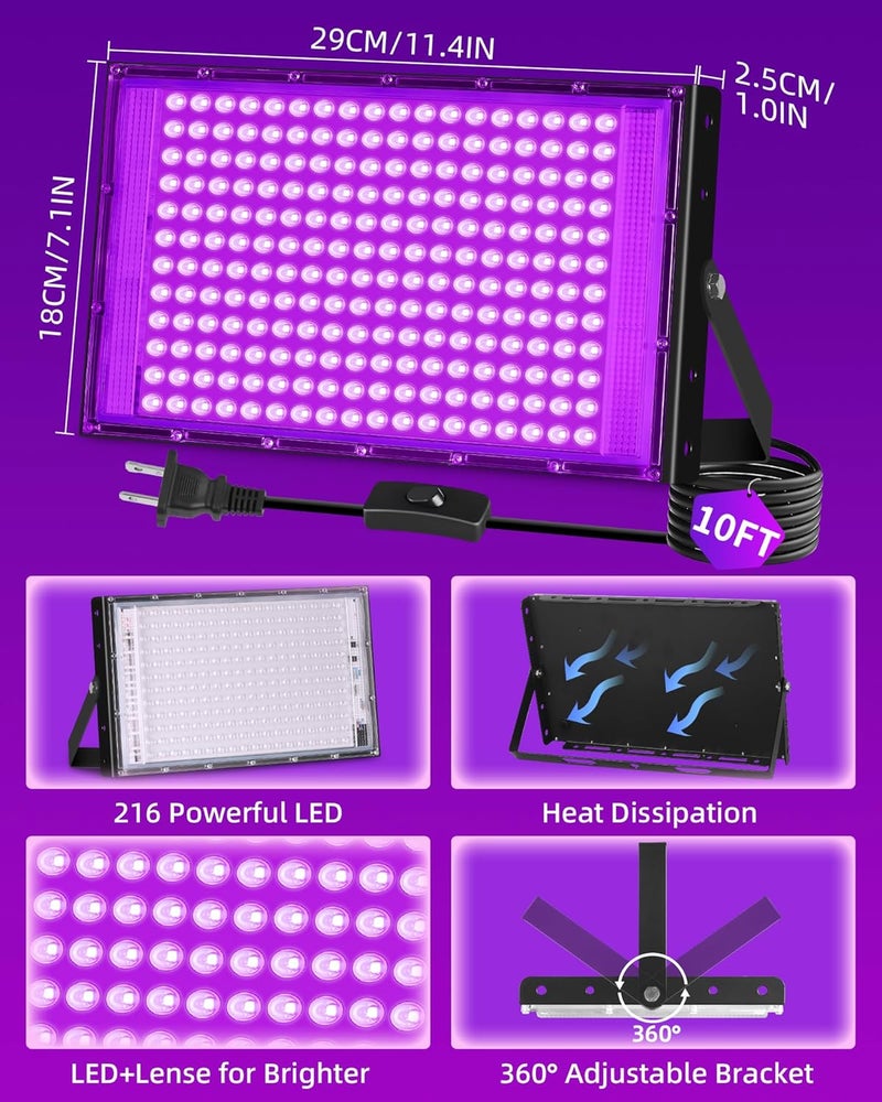 THECHAM Store 200W LED Black Lights IP66 Waterproof Black Light Outdoor with 10ft Plug+Switch, Flood Blacklight for Halloween Glow in The Dark Party Stage Light Neon Glow Birthday 2 Pack - Image 3